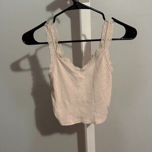 American Eagle Light Pink Ribbed Laced Cropped Tank Top